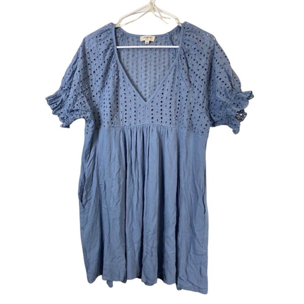 Umgee women's smocked front yoke mini eyelet dress in blue.
